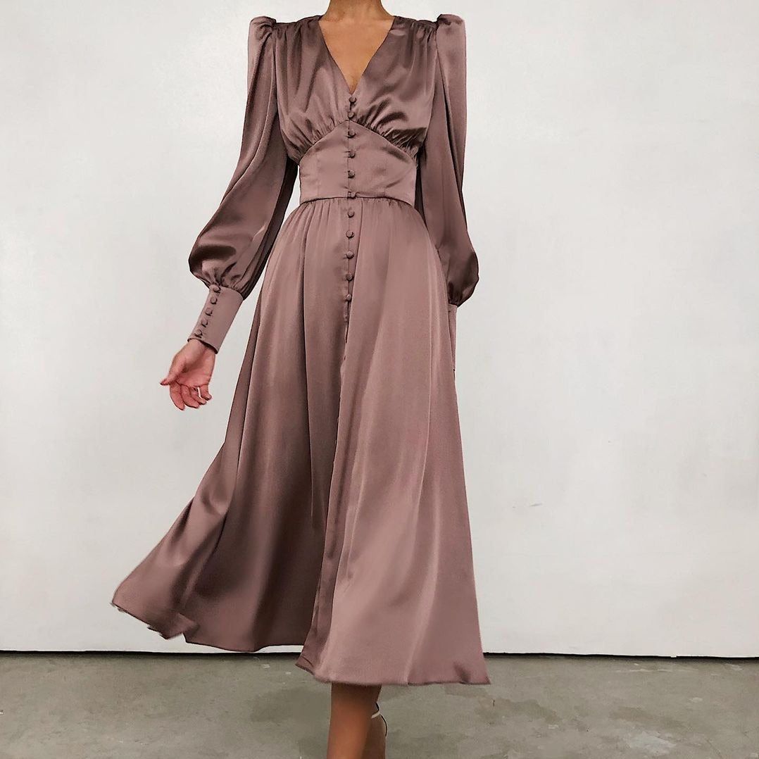 Athenian Lantern Sleeve Satin Midi Dress - View 2