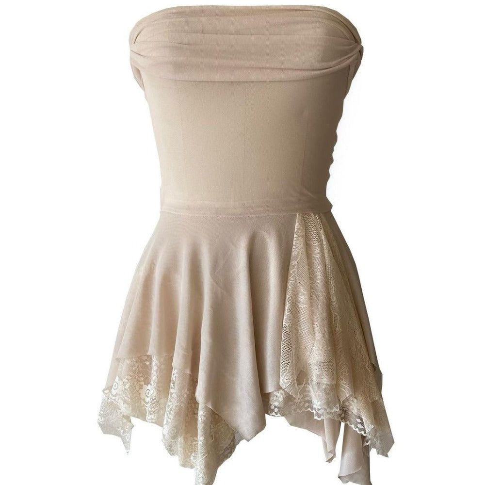 Sheer Mesh Bandeau Cut Out Lace Trim Handkerchief Hem Mini Dress 9