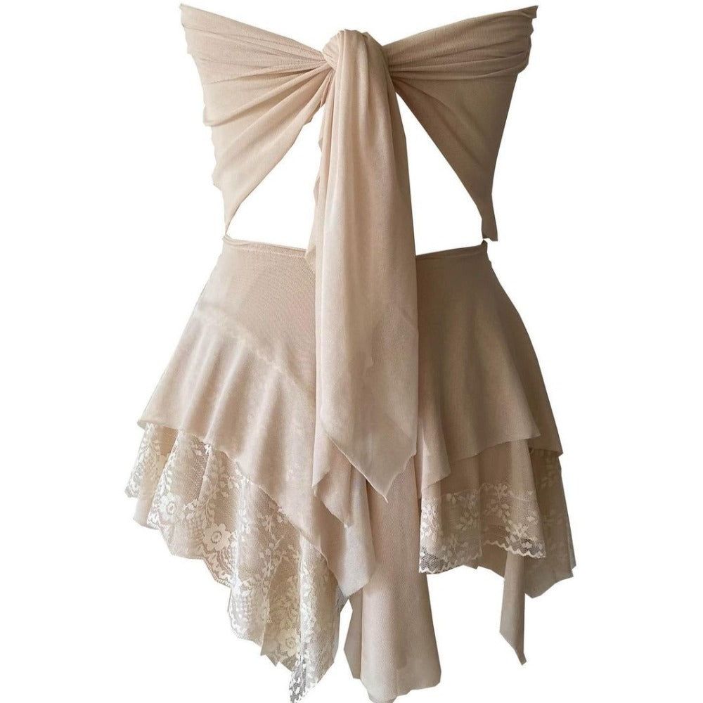 Sheer Mesh Bandeau Cut Out Lace Trim Handkerchief Hem Mini Dress 10