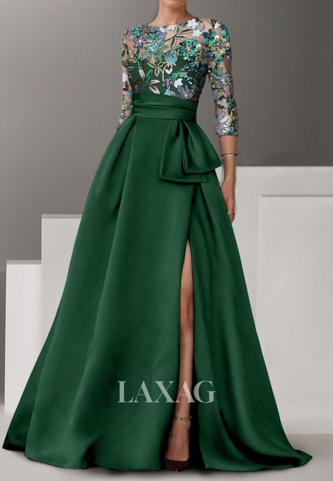 Scoop-Neck Floral Embroidered Sequined A-Line Evening Dress Half-Sleeves Floor-Length Formal Gowns