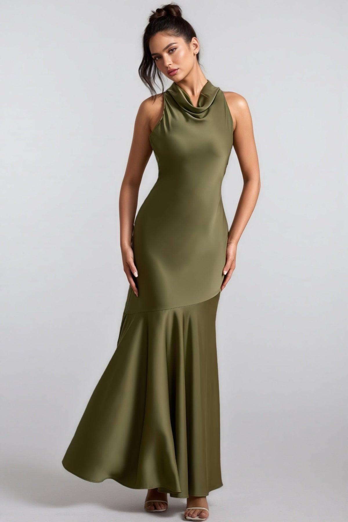 Satin Cowl Neck Sleeveless Asymmetric Seam Flared Hem Maxi Dress 2