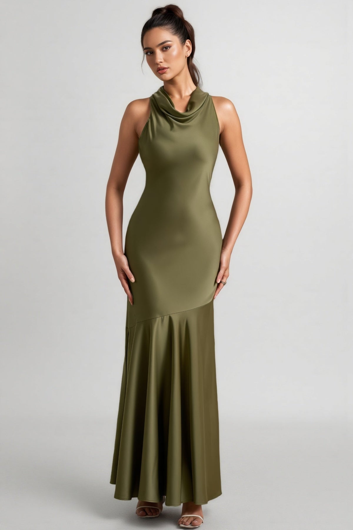 Satin Cowl Neck Sleeveless Asymmetric Seam Flared Hem Maxi Dress
