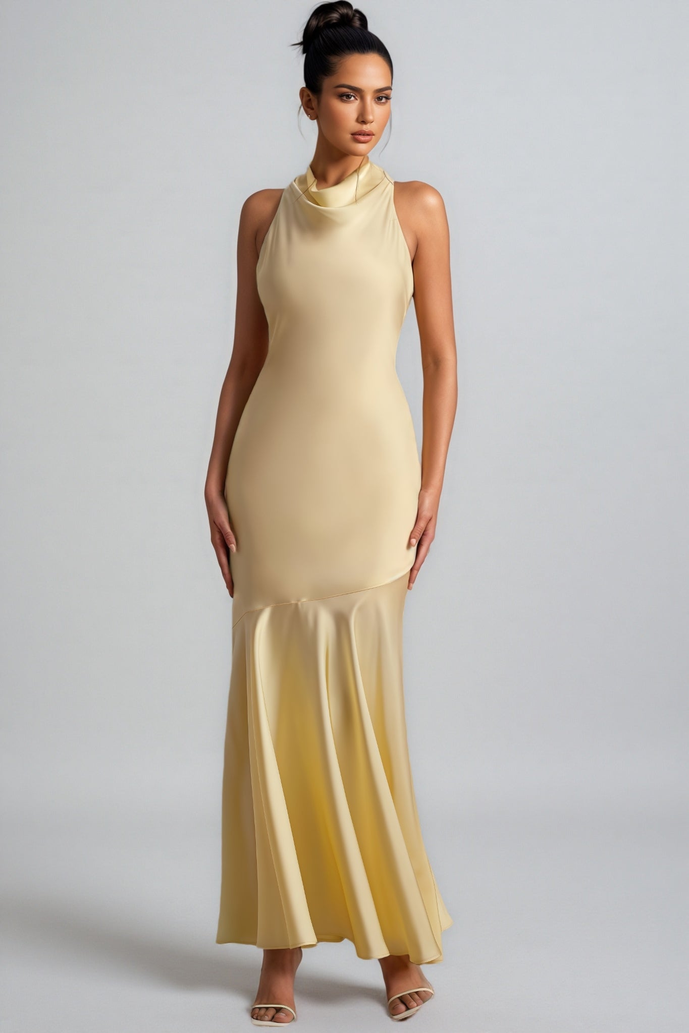 Azurao Yellow Satin Cowl-Neck Maxi Dress
