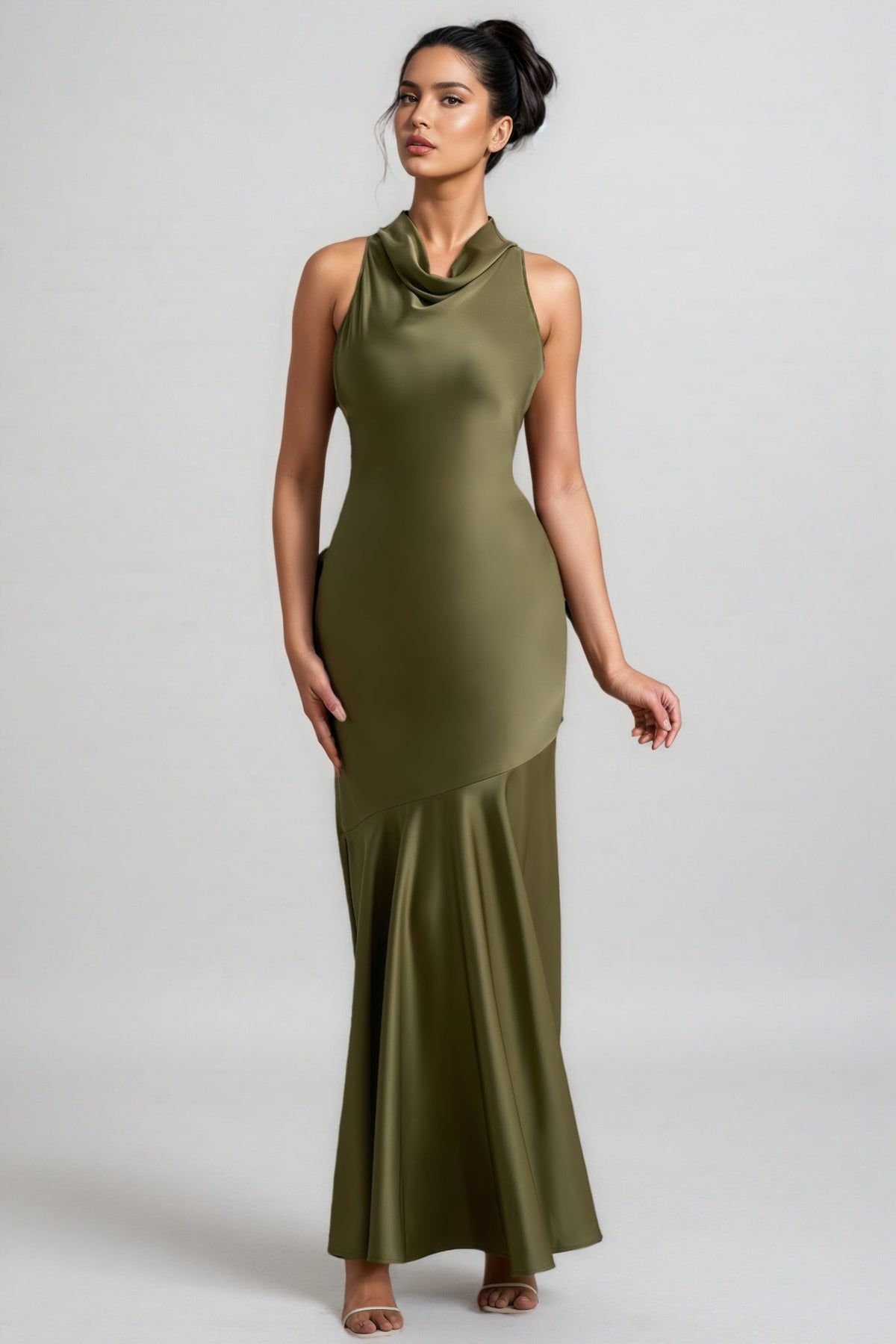 Satin Cowl Neck Sleeveless Asymmetric Seam Flared Hem Maxi Dress 3