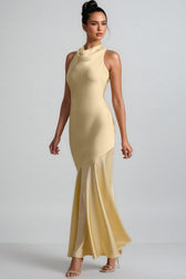 Azurao Yellow Satin Cowl-Neck Maxi Dress - View 2