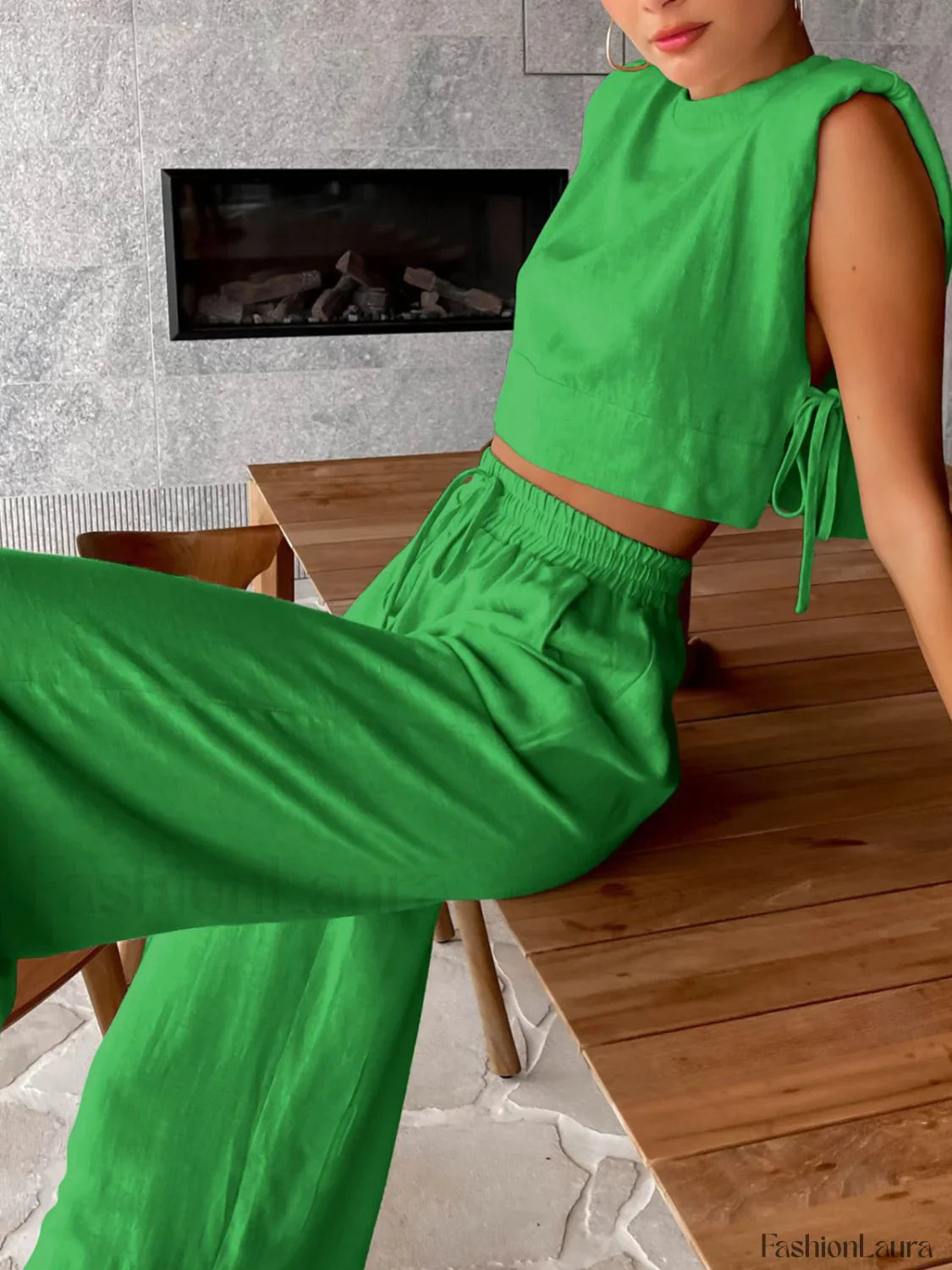 Utility Linen Two Piece Modern Wide Leg Pants Set