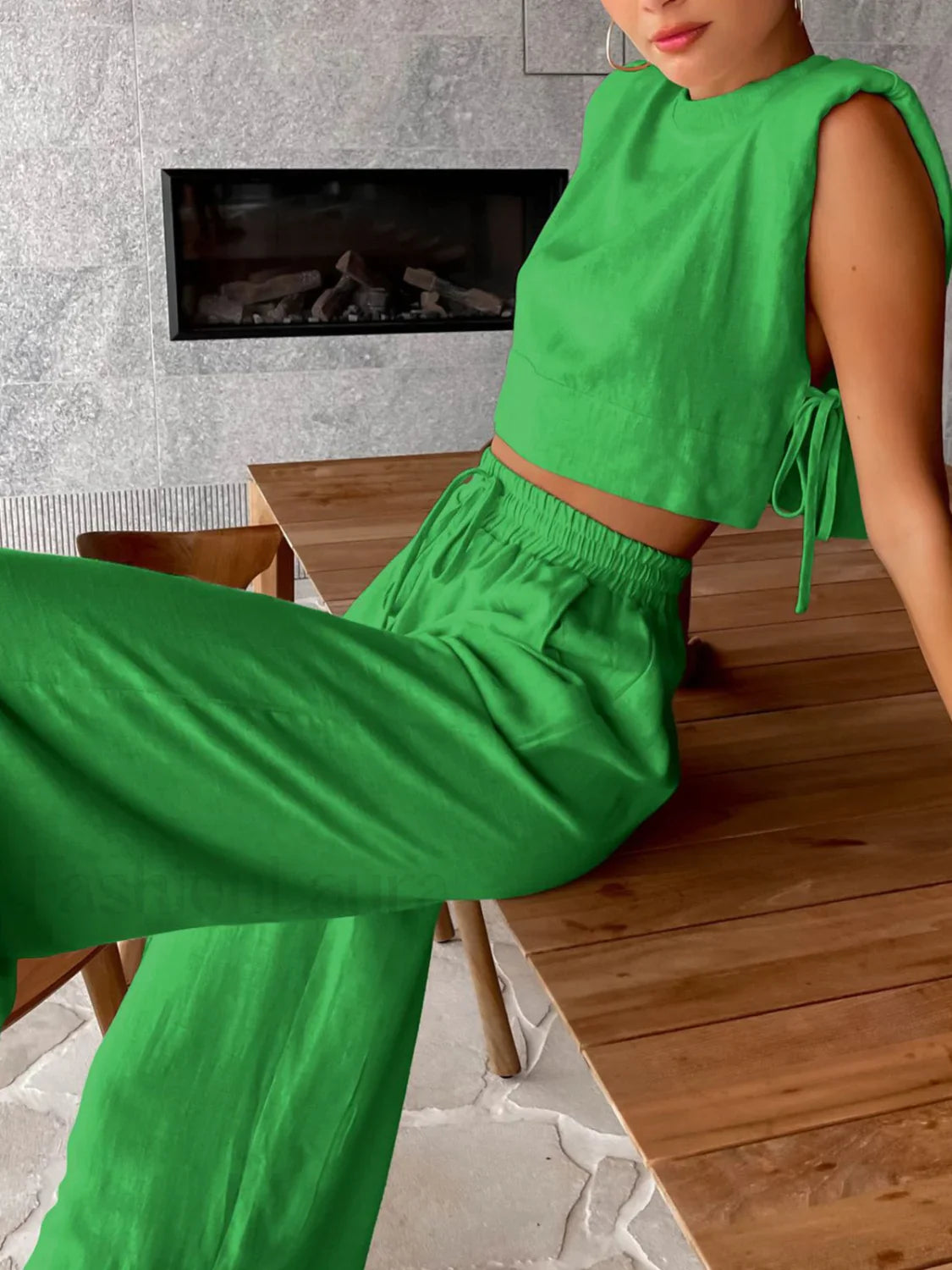 Utility Linen Two Piece Modern Wide Leg Pants Set Green / XS Pant Sets
