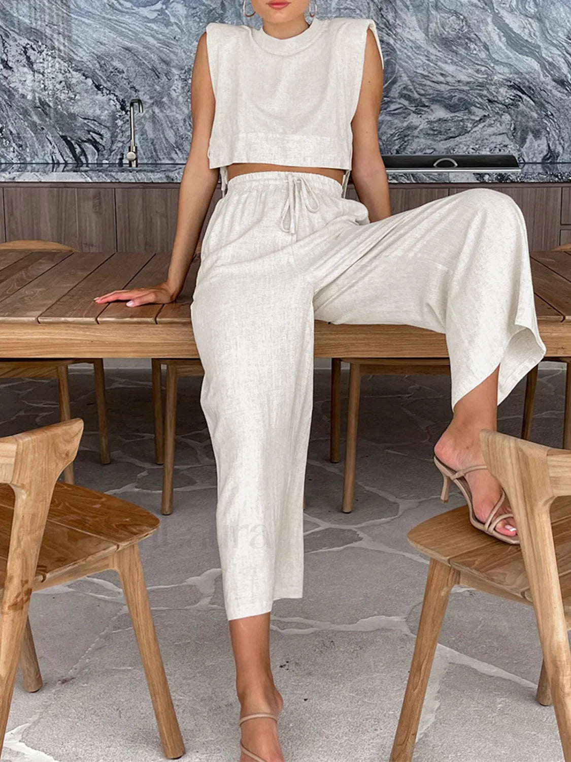 Utility Linen Two Piece Modern Wide Leg Pants Set