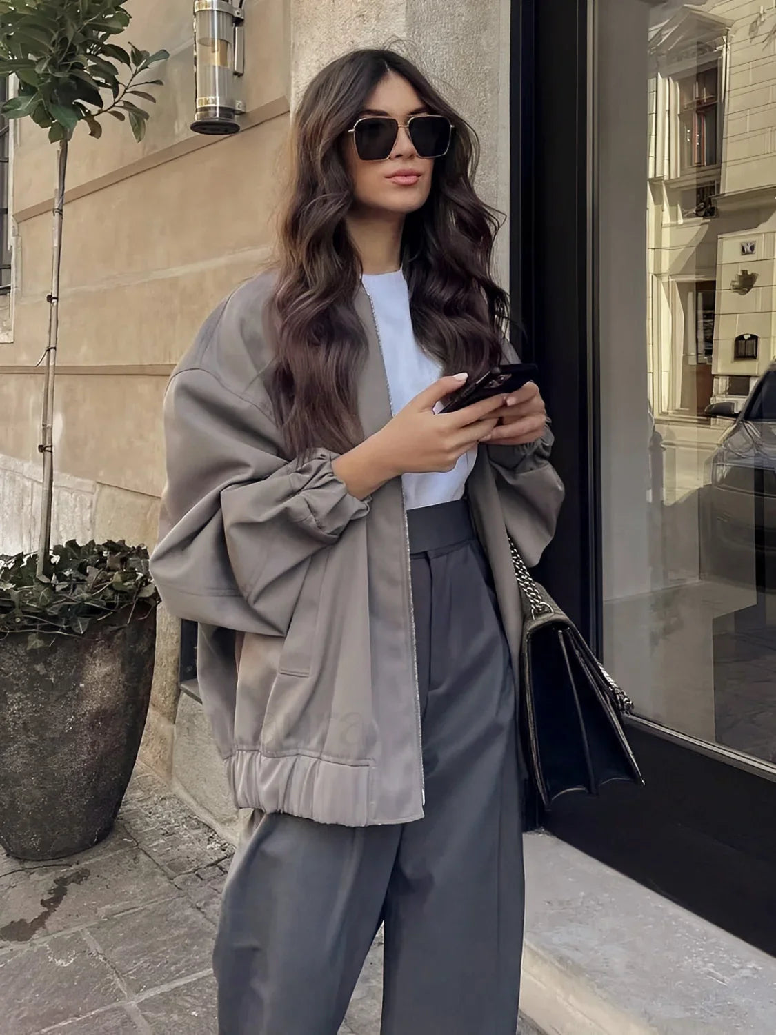 Utility Pockets Graceful Bomber Jacket