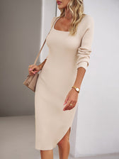 Square Neck Ribbed Knit Long Sleeve Bodycon Midi Dress 3