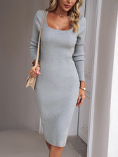 Square Neck Ribbed Knit Long Sleeve Bodycon Midi Dress 8