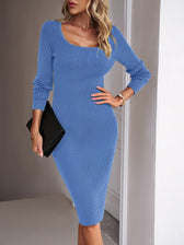 Square Neck Ribbed Knit Long Sleeve Bodycon Midi Dress 20