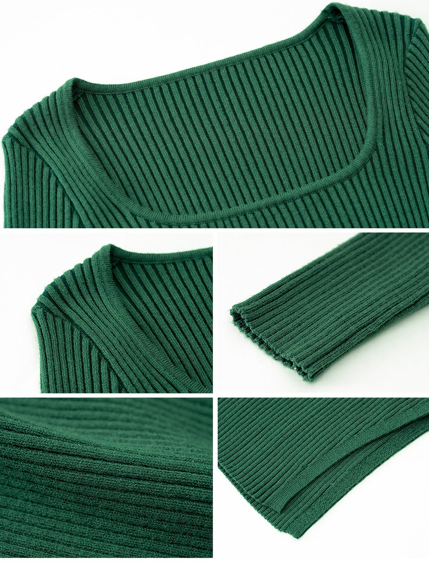 Square Neck Ribbed Knit Long Sleeve Bodycon Midi Dress 27