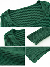 Square Neck Ribbed Knit Long Sleeve Bodycon Midi Dress 27
