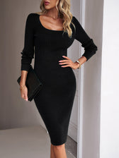 Square Neck Ribbed Knit Long Sleeve Bodycon Midi Dress 32