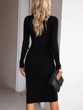 Square Neck Ribbed Knit Long Sleeve Bodycon Midi Dress 30
