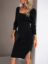 Square Neck Ribbed Knit Long Sleeve Bodycon Midi Dress 33