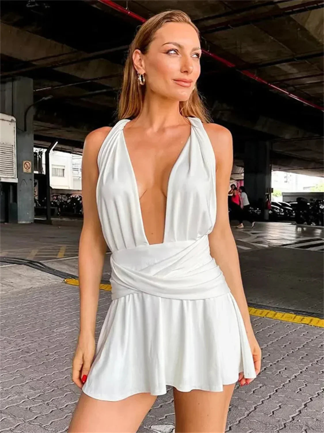 Deep V-Neck Sleeveless Wrap Waist Draped Flared Mini Dress