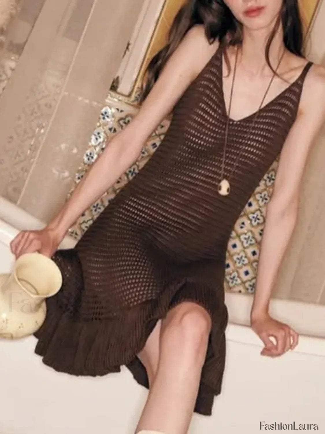 V-Neck Backless Knitted Ruffle Cover Up