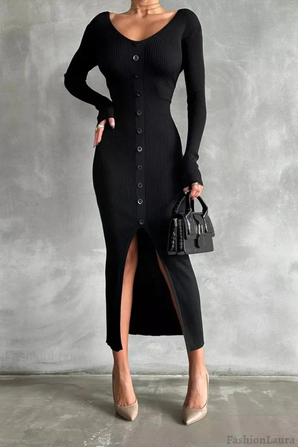 V-Neck Bodycon Knit Sweater Dress