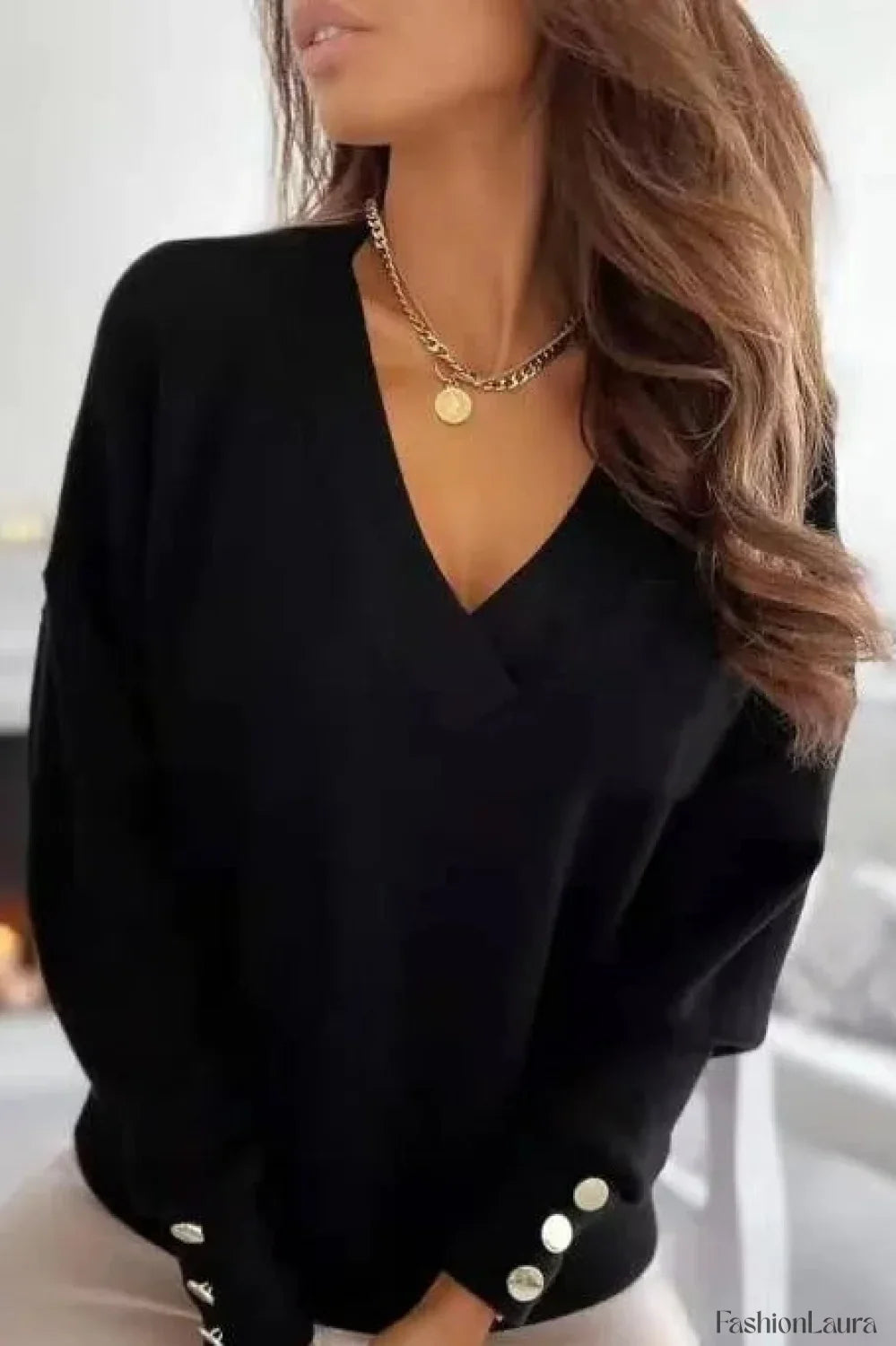 V-Neck Button Knit Pullover Sweater