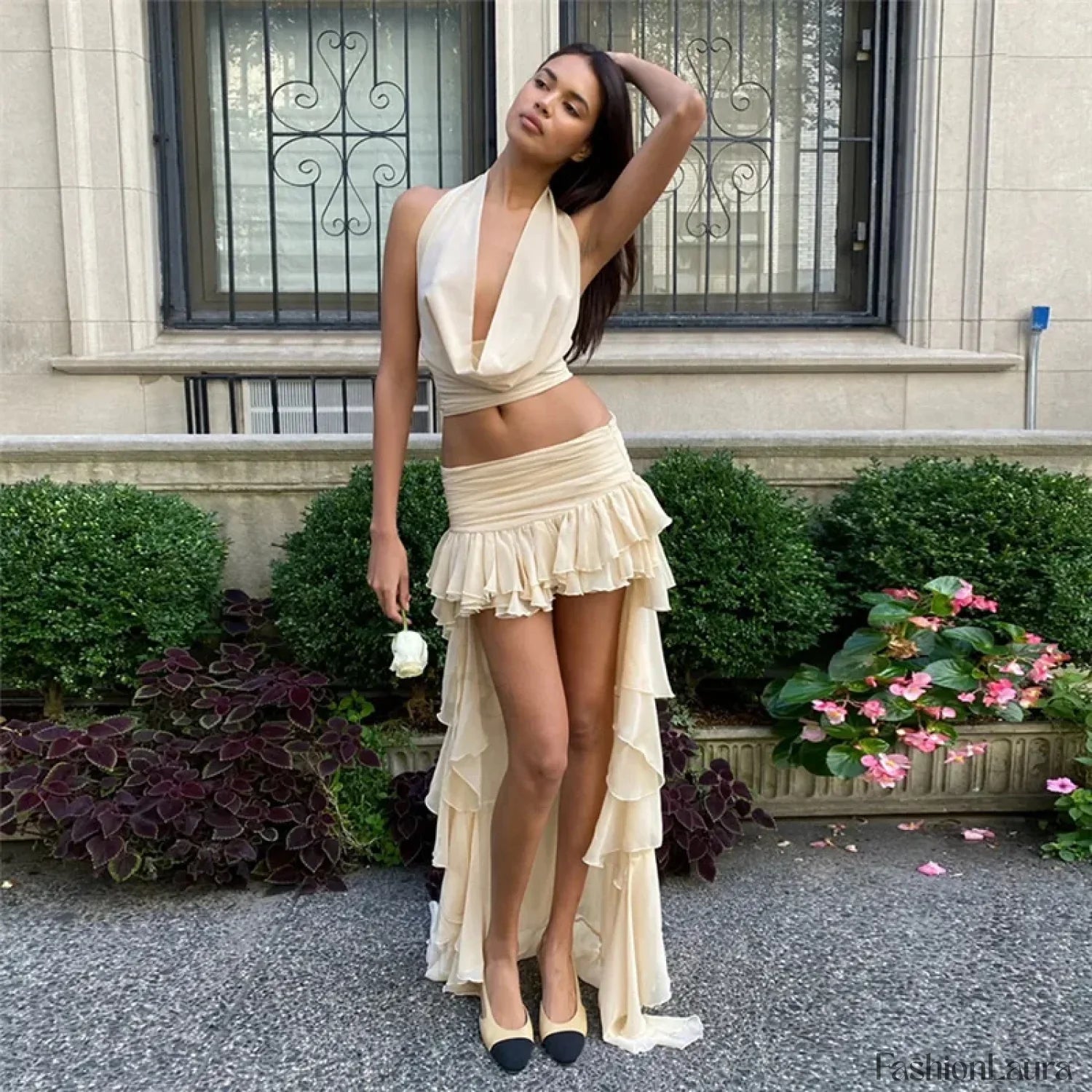 V Neck Crop Top Skirt Two Piece Set