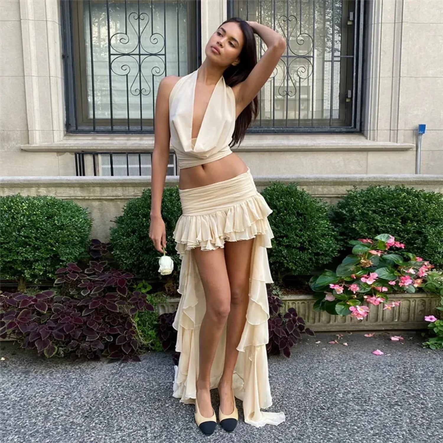 V Neck Crop Top Skirt Two Piece Set