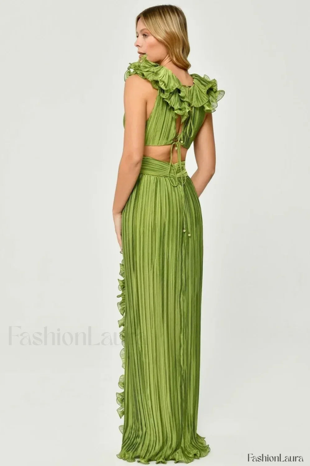 V-Neck Cut-Out Pleated Charming Split Maxi Dress