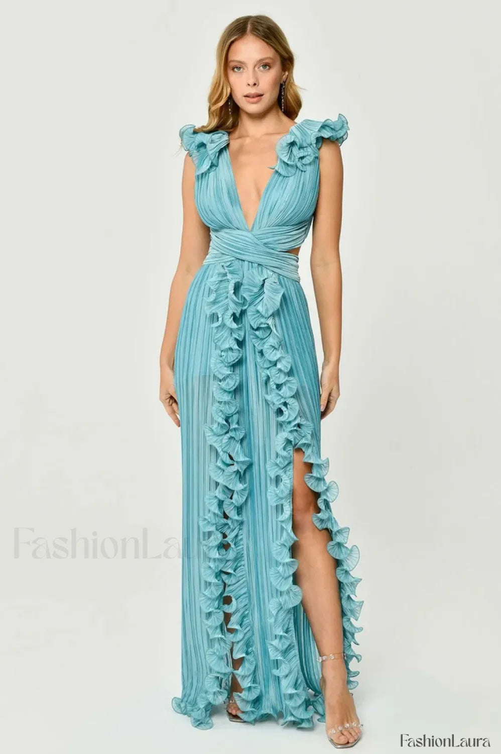V-Neck Cut-Out Pleated Charming Split Maxi Dress