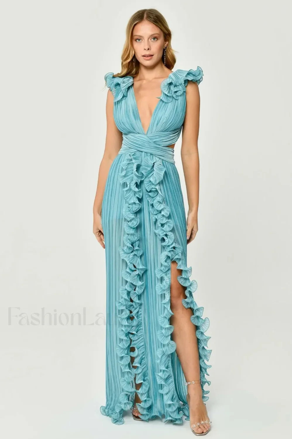 V Neck Cut Out Pleated Charming Split Maxi Dress S / Blue