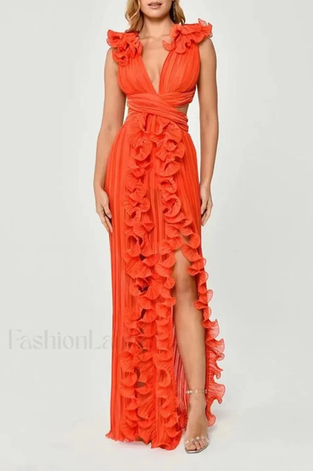 V Neck Cut Out Pleated Charming Split Maxi Dress S / Orange