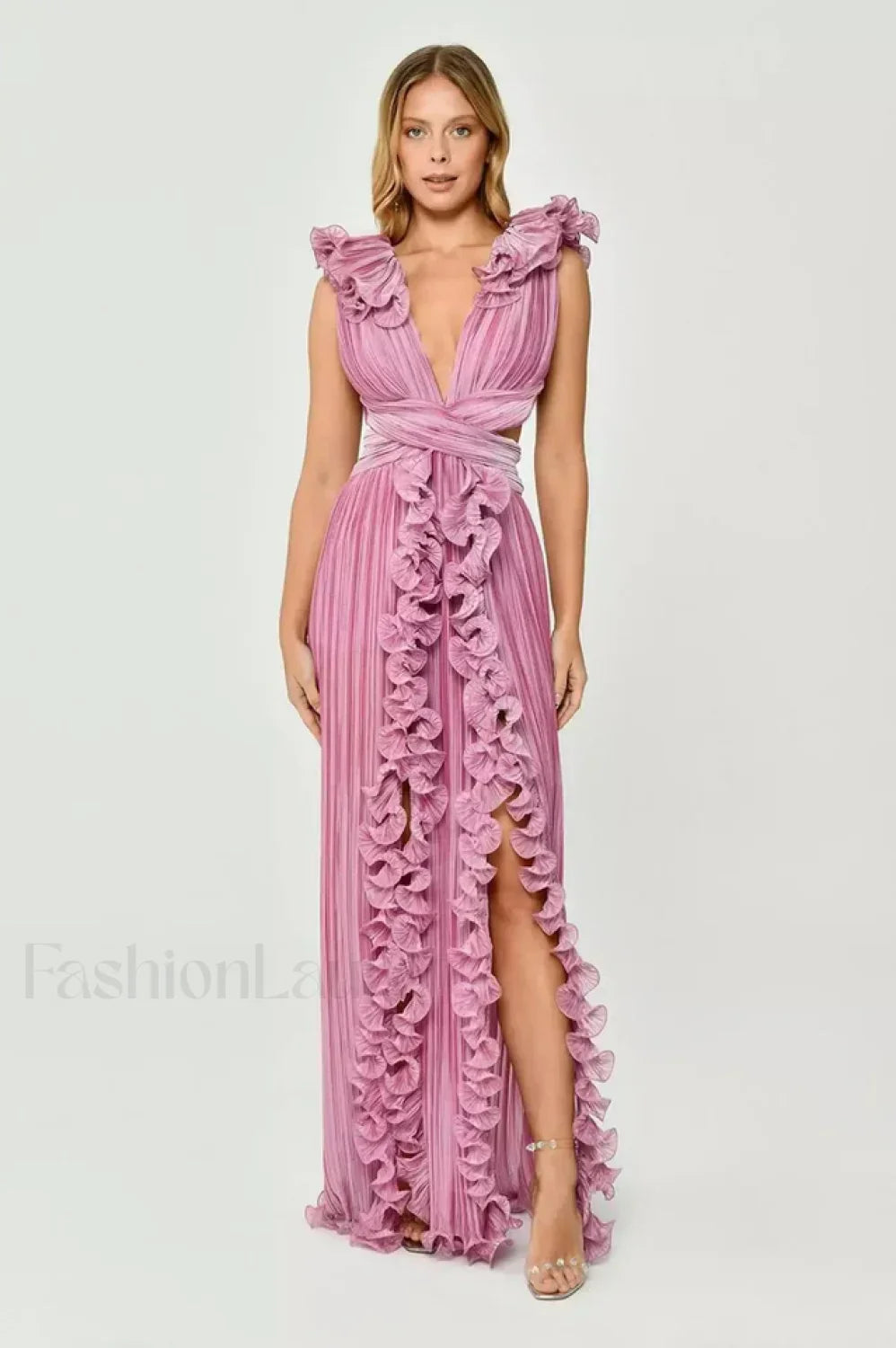 V Neck Cut Out Pleated Charming Split Maxi Dress S / Pink