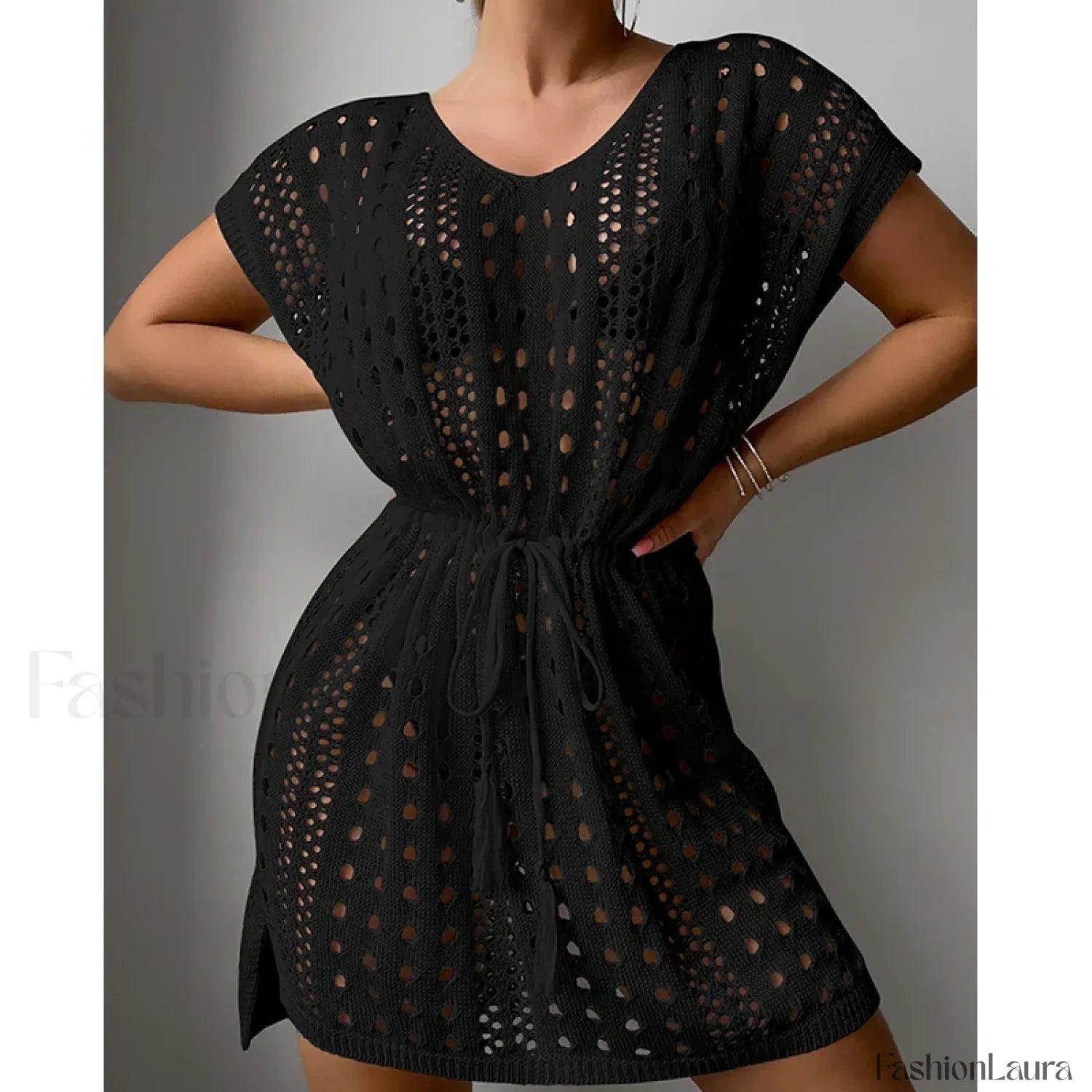 V-Neck Drawstring Slit Dress Cover Up