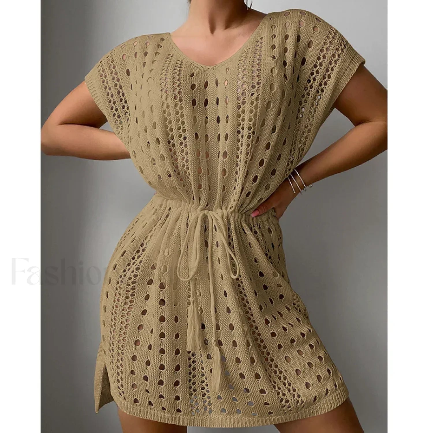 V-Neck Drawstring Slit Dress Cover Up