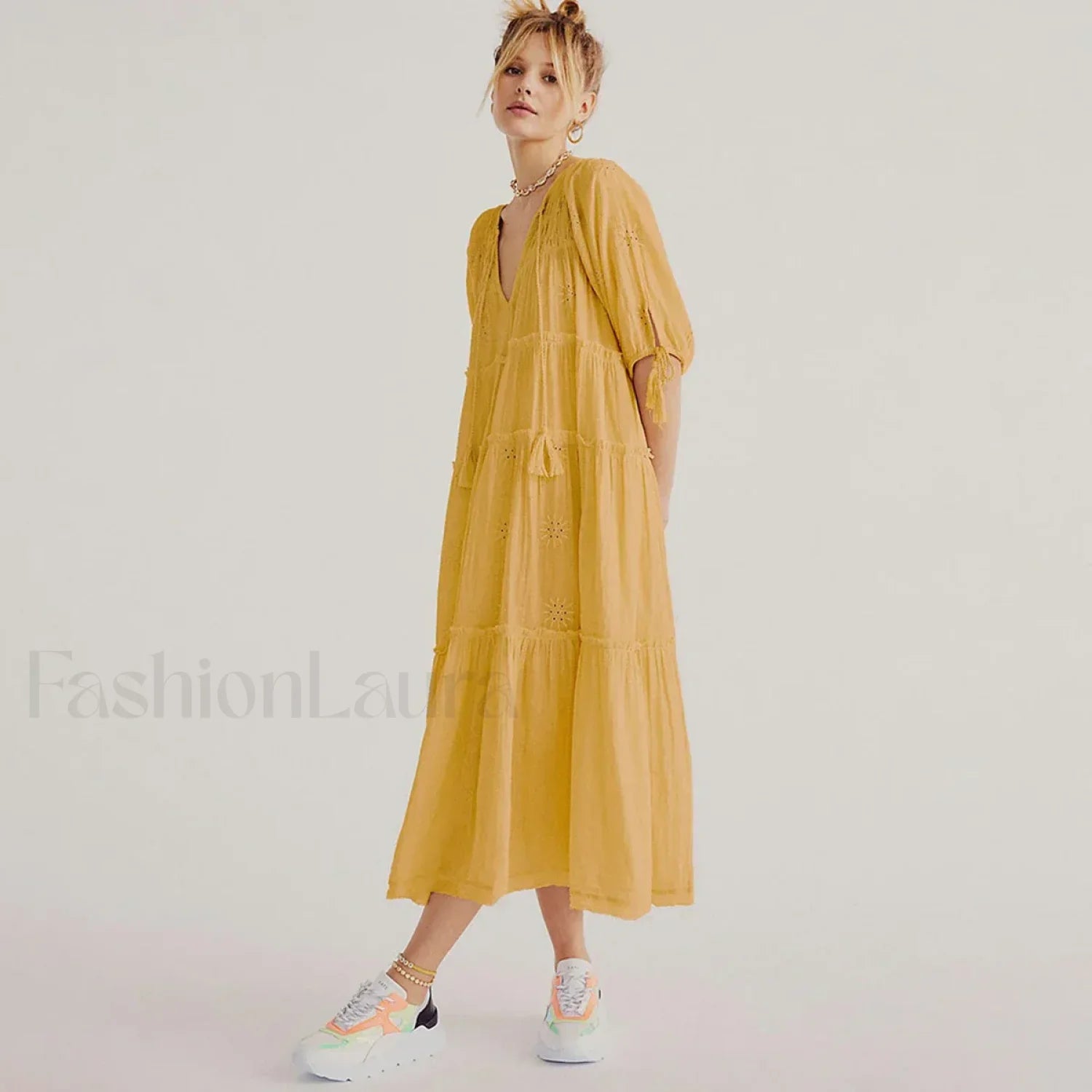 V-Neck Embroidery Midi Boho Dress