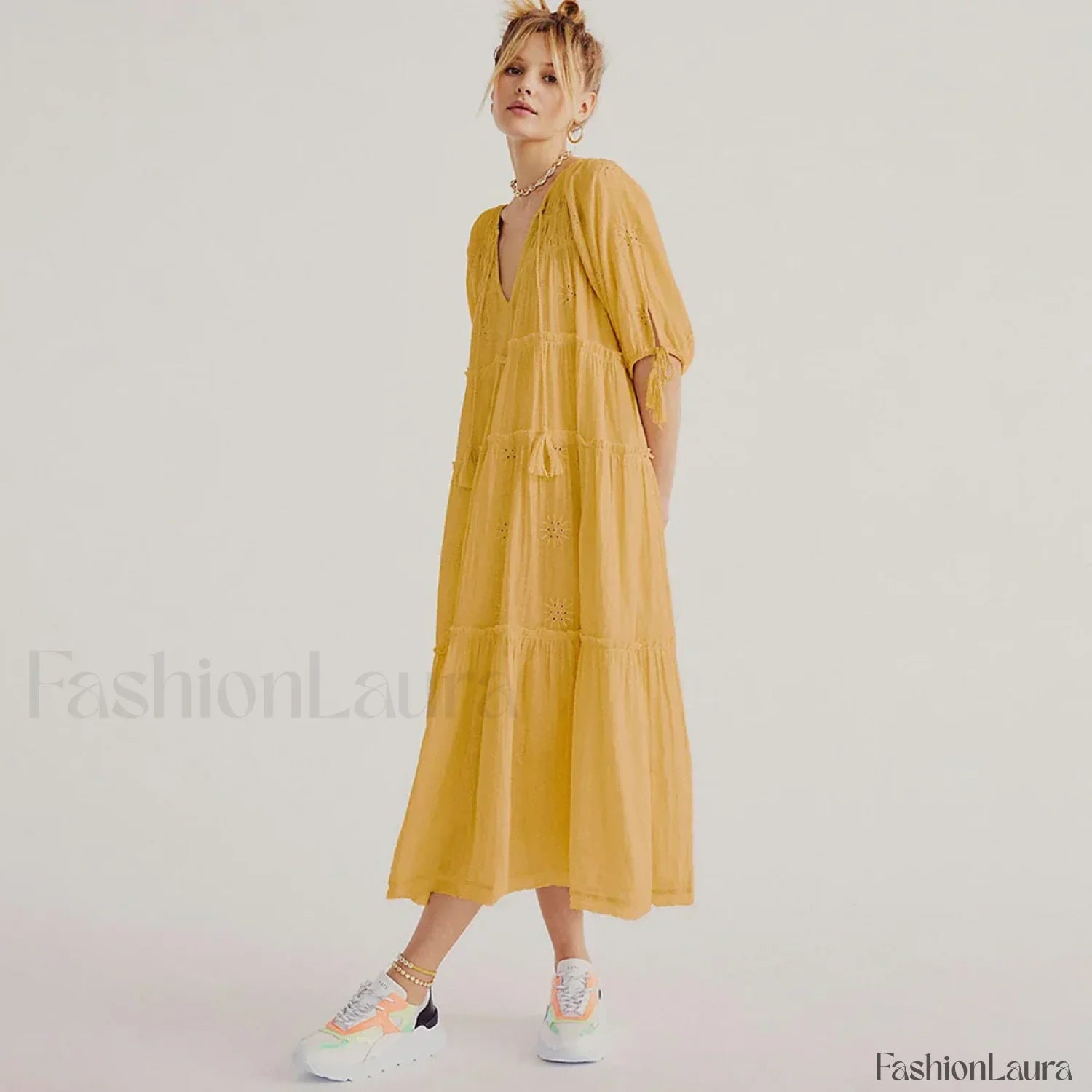 V-Neck Embroidery Midi Boho Dress