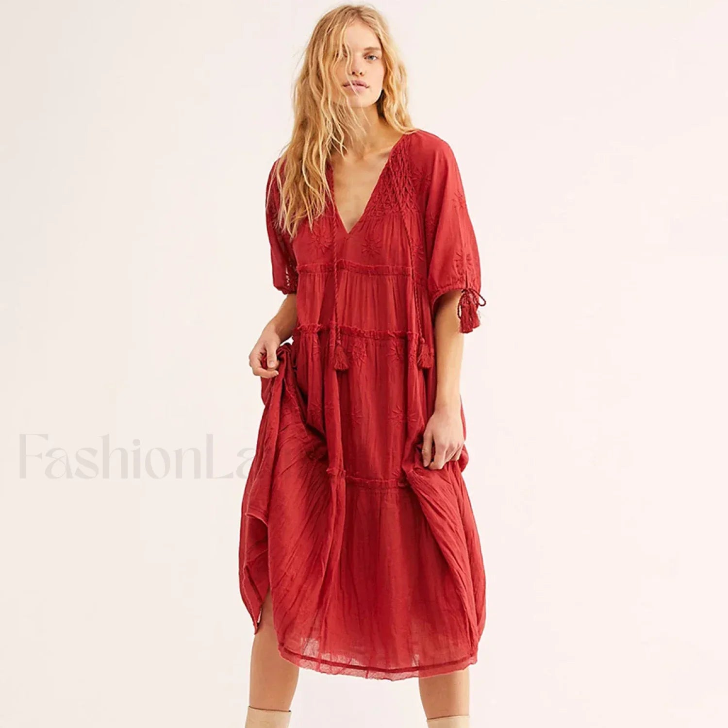 V-Neck Embroidery Midi Boho Dress
