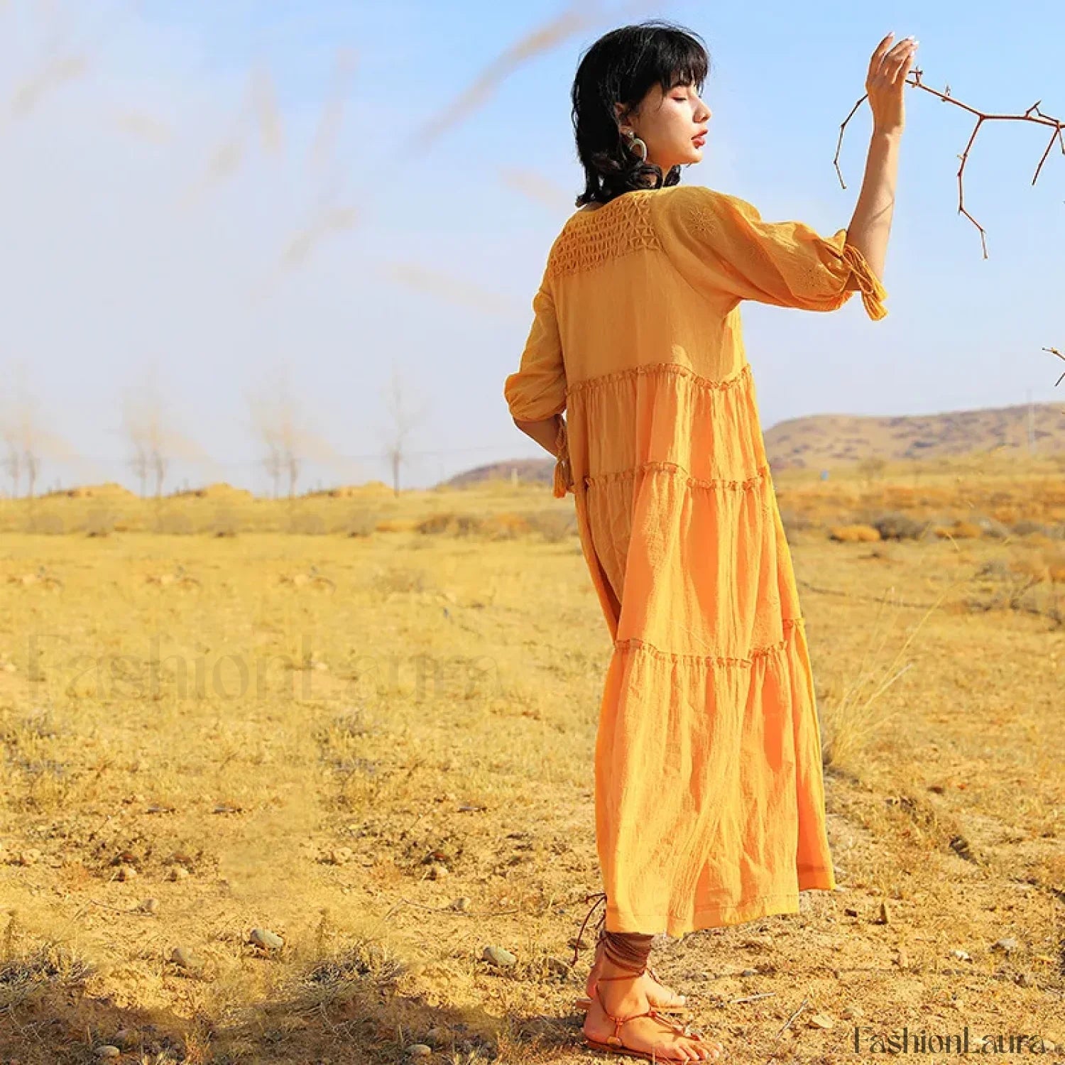 V-Neck Embroidery Midi Boho Dress