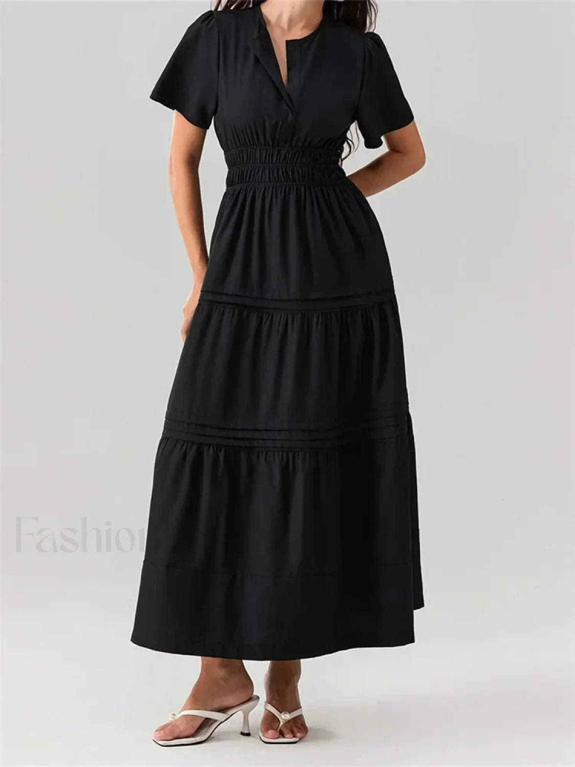 V Neck Flare Sleeve Pocket Maxi Dress