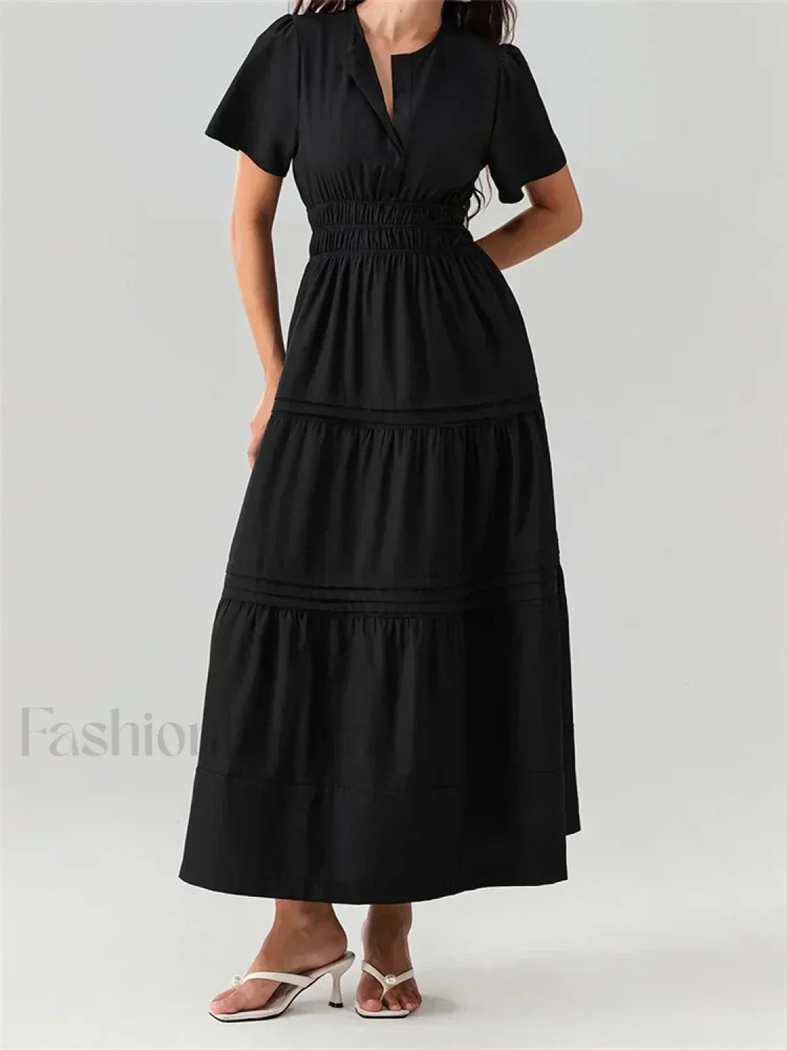 V Neck Flare Sleeve Pocket Maxi Dress Black / S