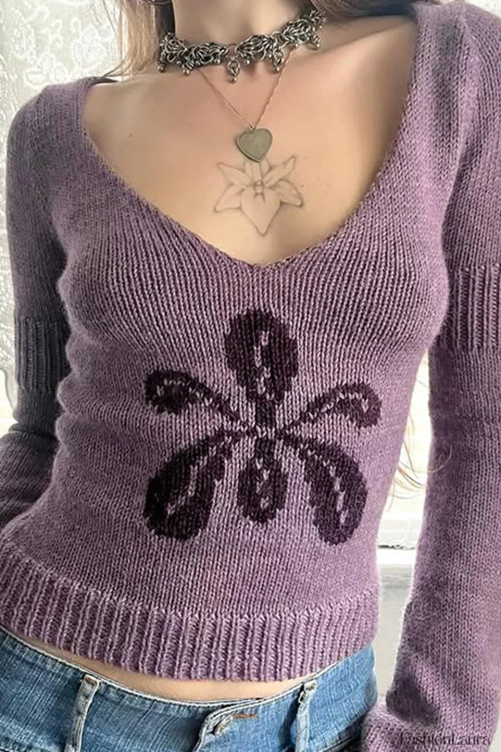 V Neck Floral Jacquard Sweater