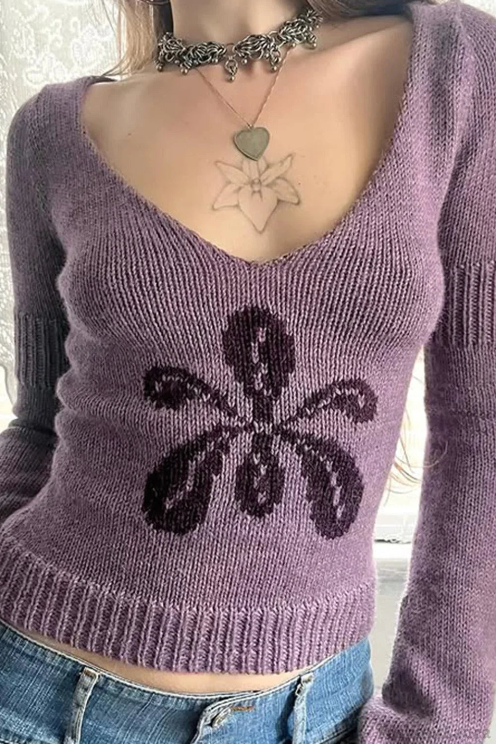 V Neck Floral Jacquard Sweater