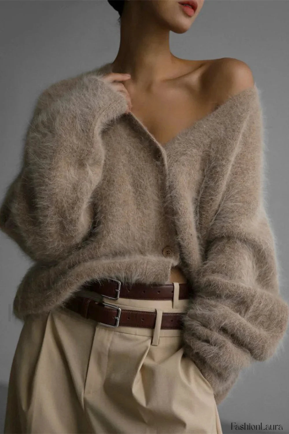 V-Neck Fluffy Knit Cardigan Sweater