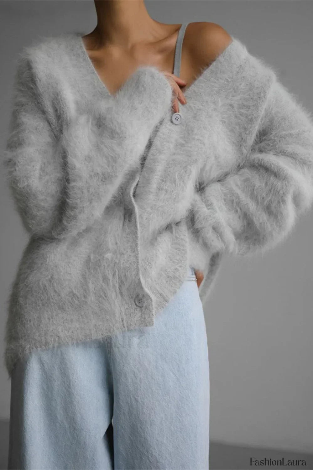 V-Neck Fluffy Knit Cardigan Sweater
