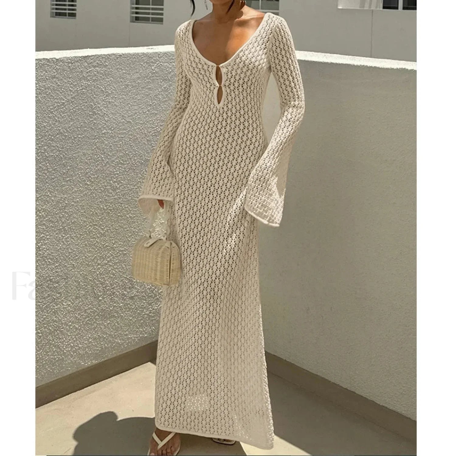 V-Neck Long Sleeve Backless Cover Up