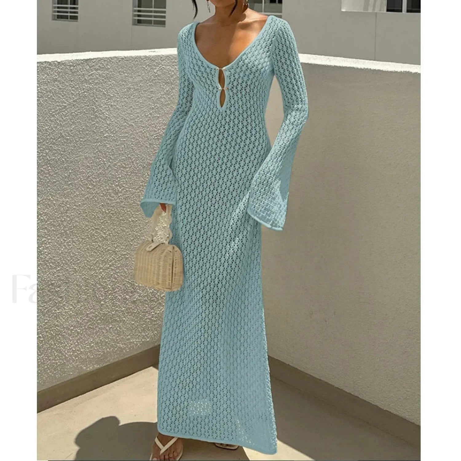 V Neck Long Sleeve Backless Cover Up Blue / S
