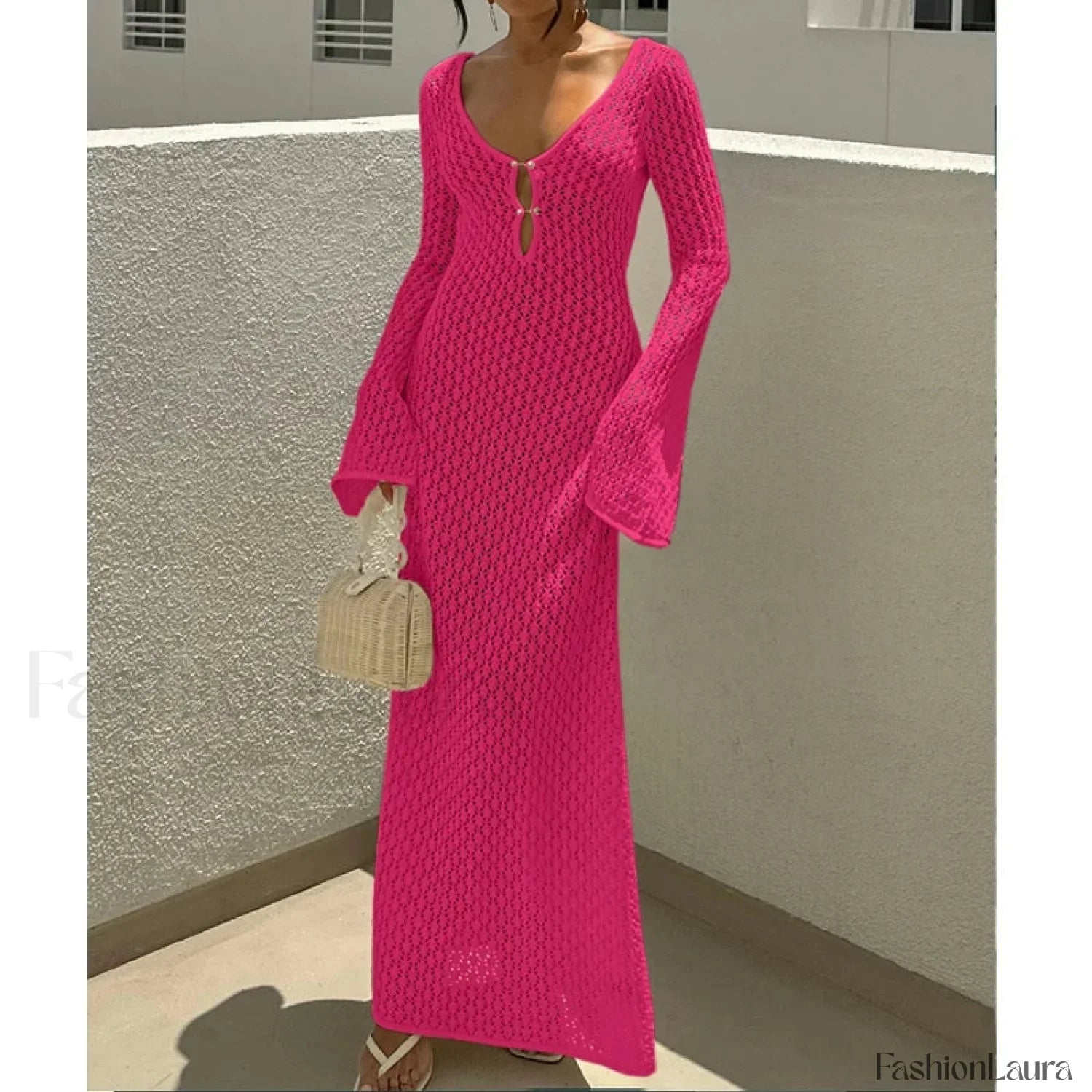 V-Neck Long Sleeve Backless Cover Up