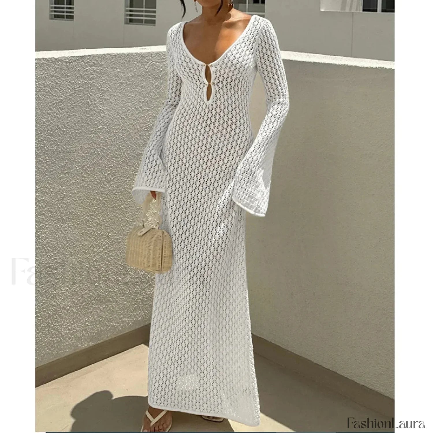 V-Neck Long Sleeve Backless Cover Up