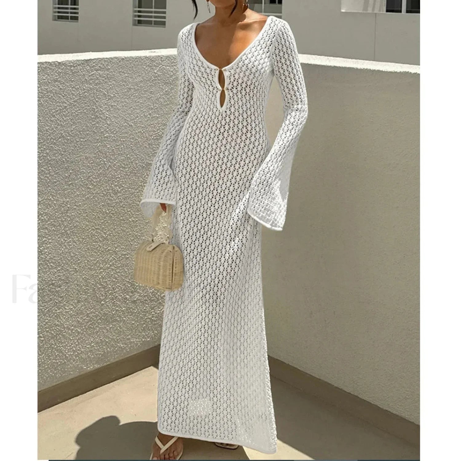 V Neck Long Sleeve Backless Cover Up White / S