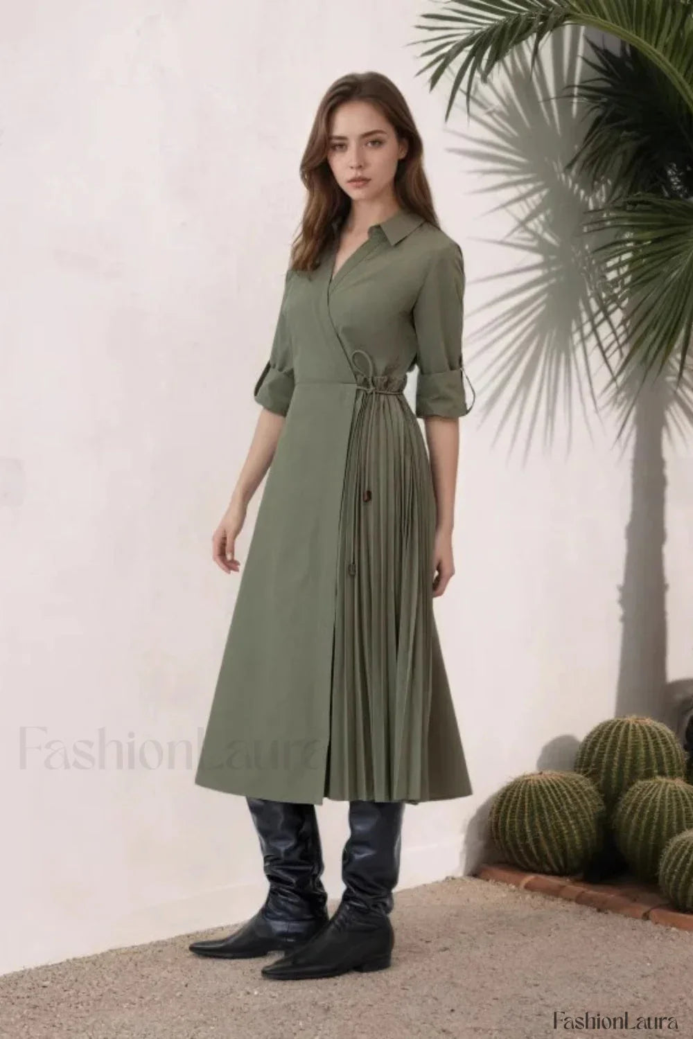 V-Neck Long Sleeve Lace-Up Pleated Maxi Dress